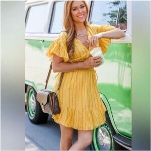 Saylor Adrianne Yarn Dye Yellow Mini Dress Size M Metallic Stripe Smocked Waist